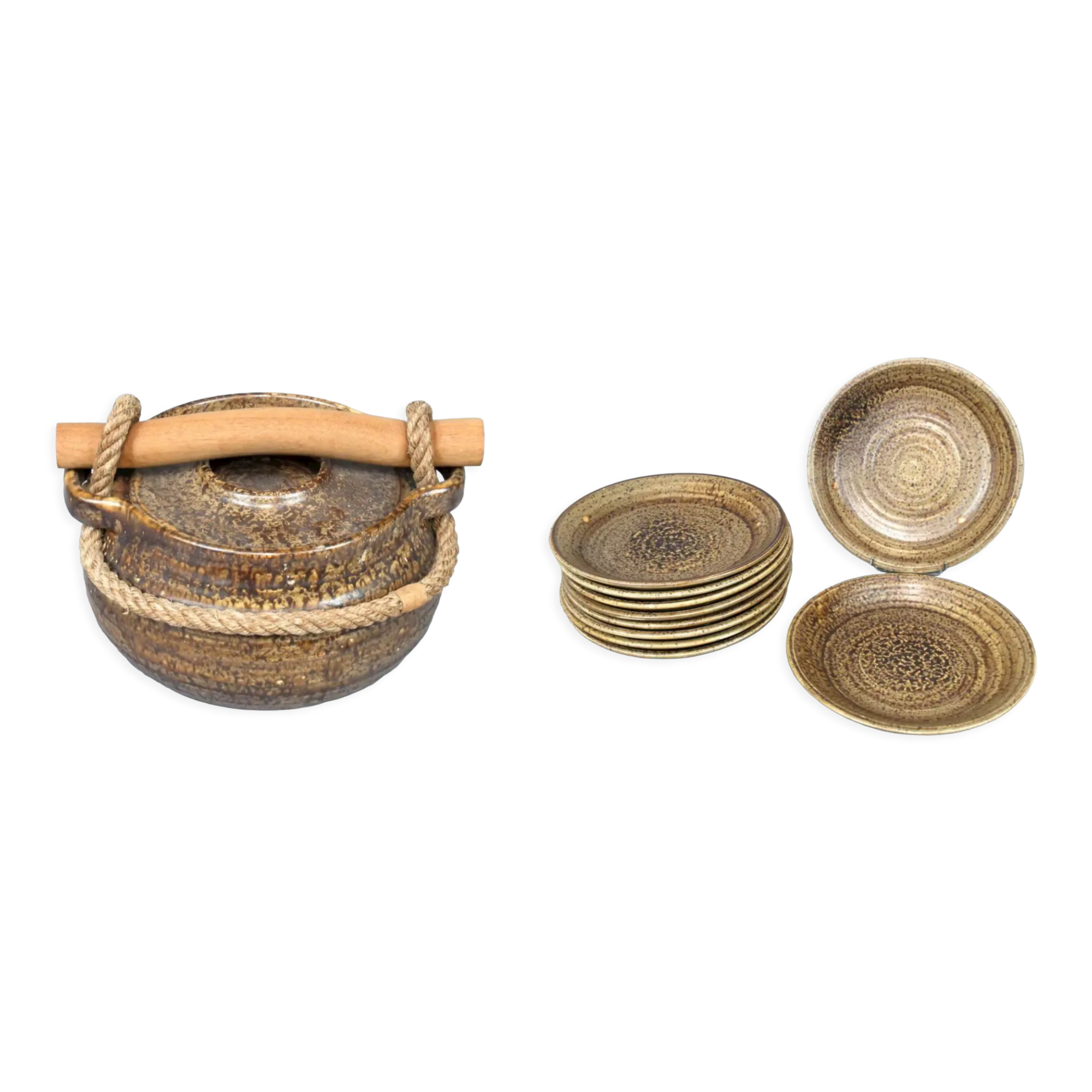 Ceramic set of soup tureen and plates Potier de l'Abbaye 1960 - 11 pieces