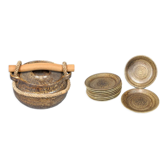 Ceramic tureen set and plates Potier de l'Abbaye 1960 - 11 pieces