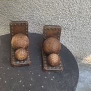 Pair of vintage carved wood and metal ball bookends