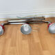 Designer pendant light with 3 red and chrome spots