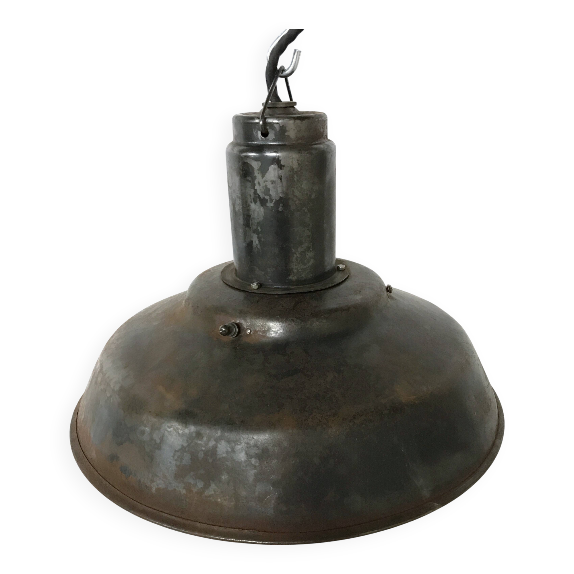 Vintae industrial pendant light with an opaline lamp shade, 1960s