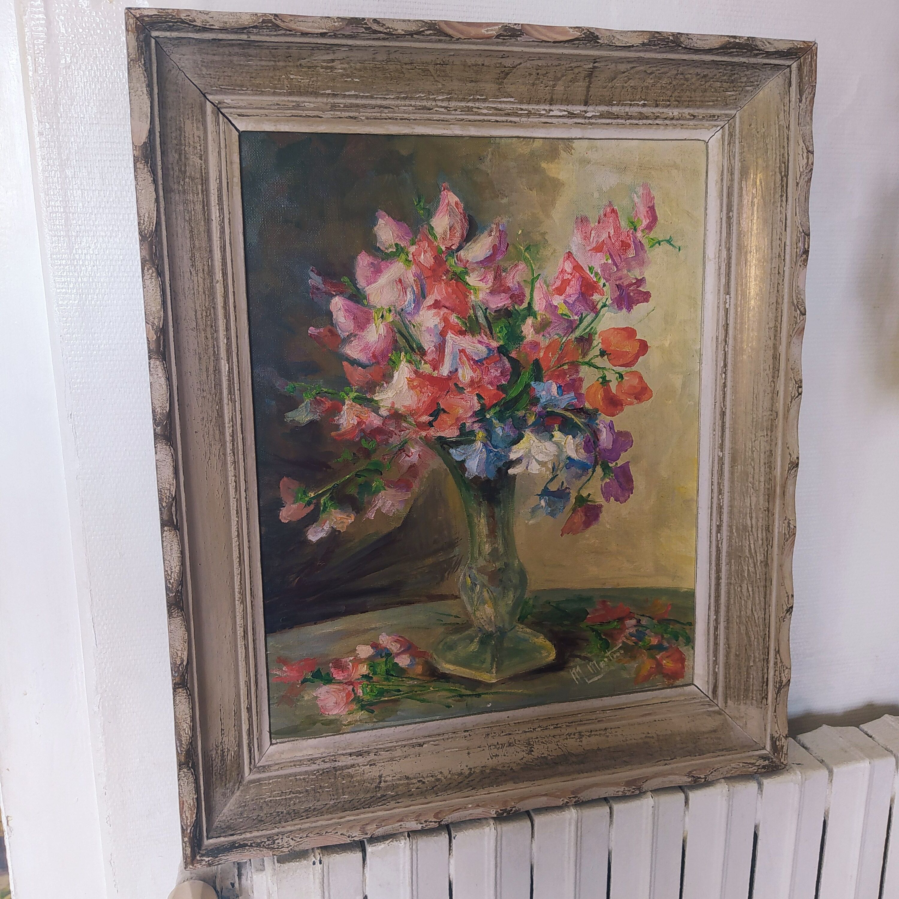 Oil on canvas old bouquet of peas desenteur signed m martin