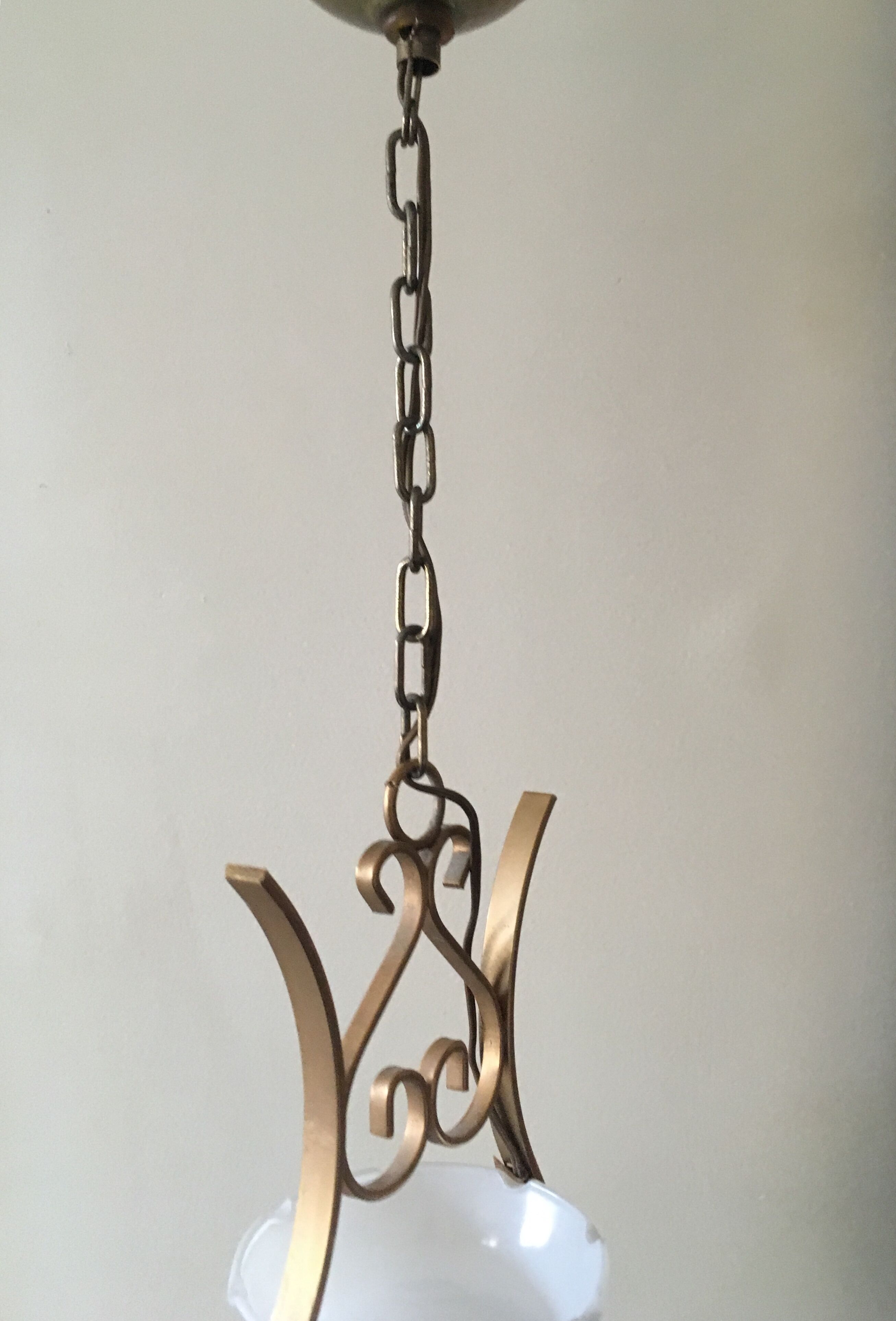 Pair of white tulip and brass pendant lamps