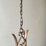 Pair of white tulip and brass pendant lamps