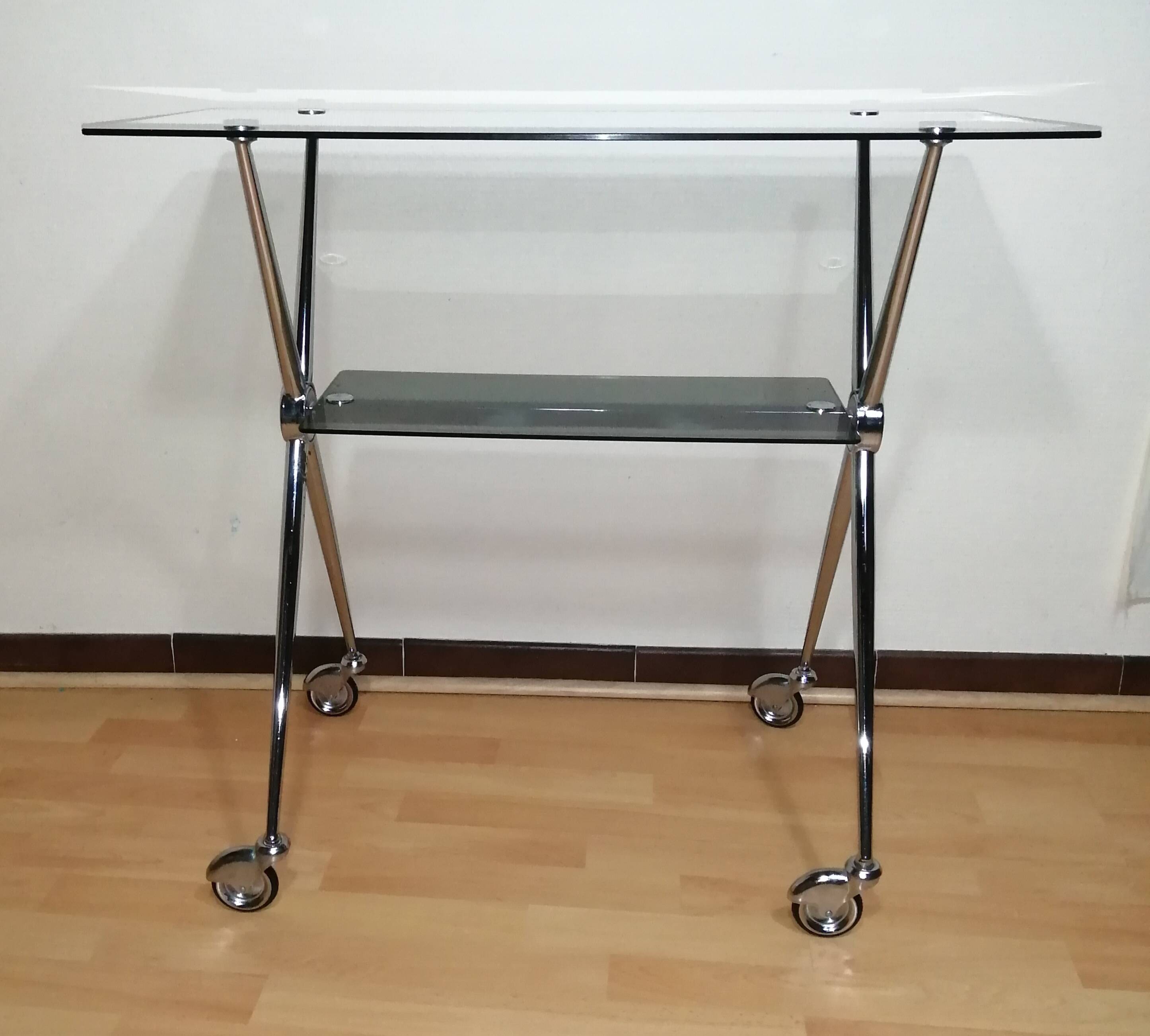 Chrome glass dessert trolley with double trays 1970