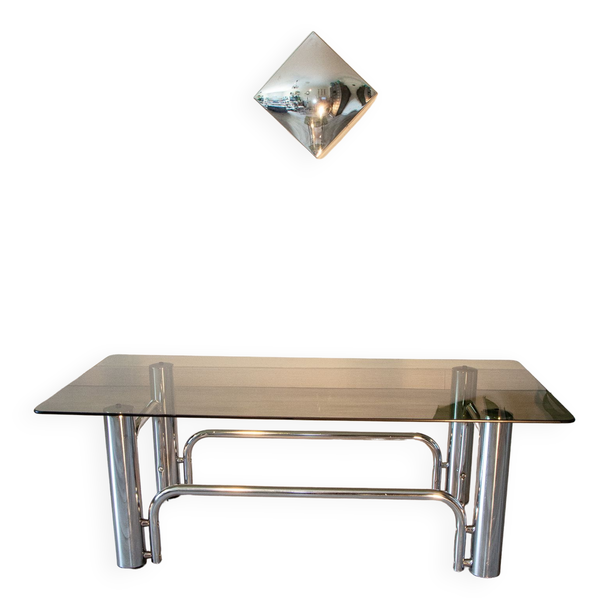 Table basse 1970 verre fumé et chrome