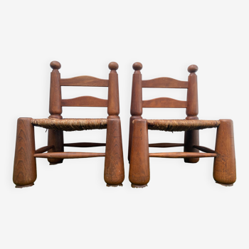 Paire de chaises de feu basses anciennes en bois et paille
