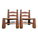 Pair of antique low fire chairs made of wood and straw