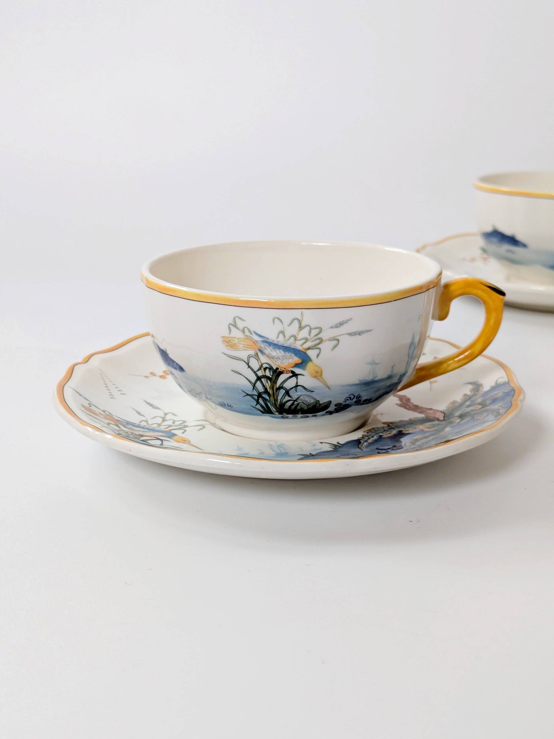 Set of 2 Gien Magellan "Caribbean" cups and saucers, vintage earthenware