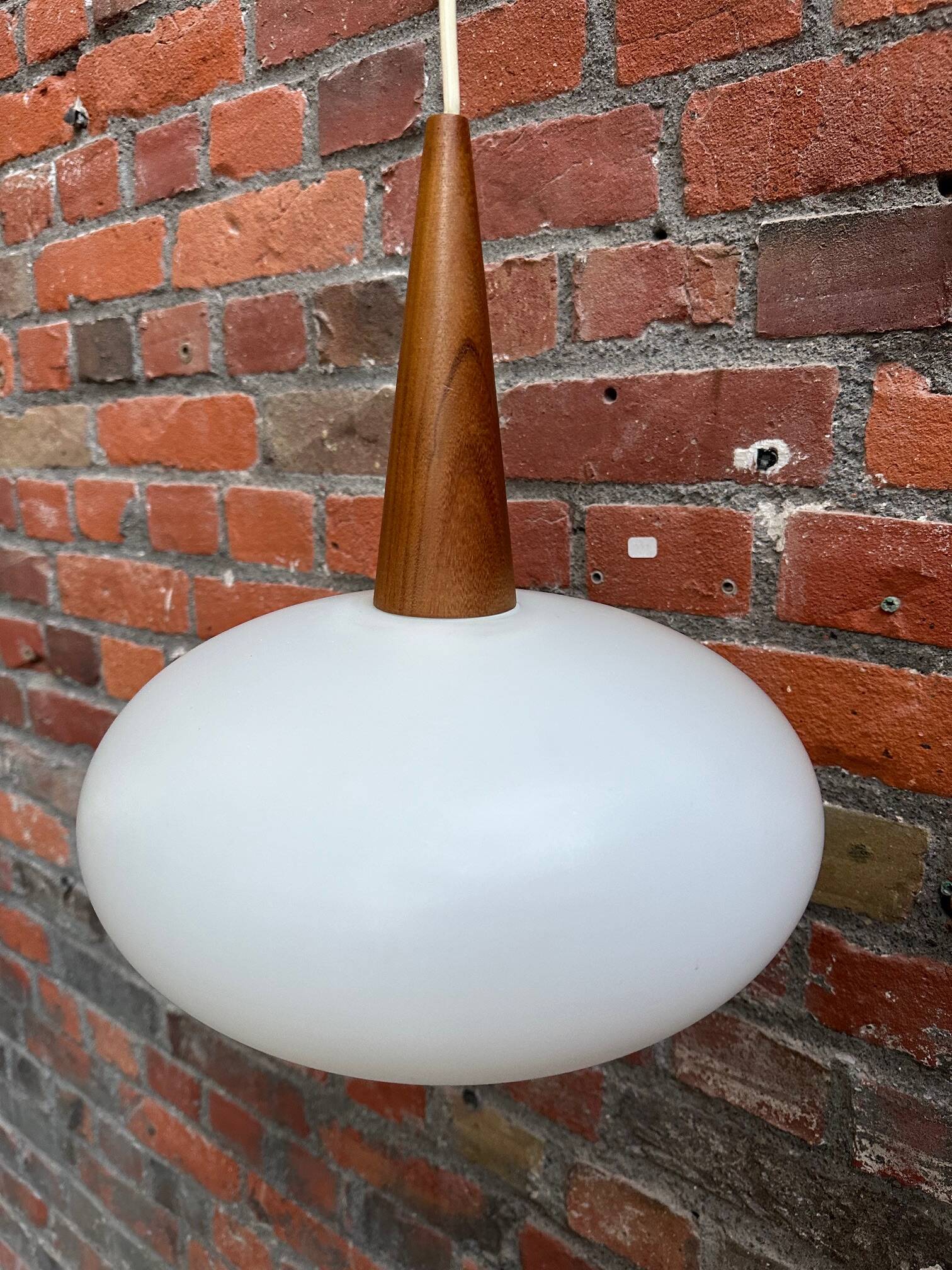Louis Kalff opaline and teak suspension