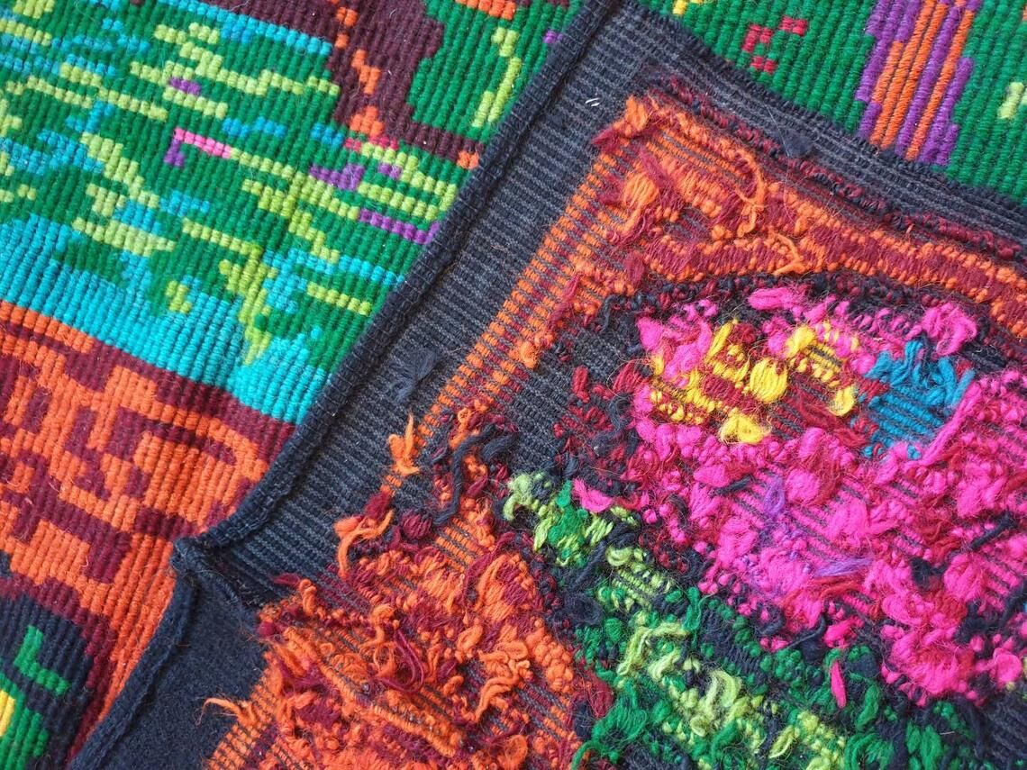 Vintage Romanian rug with deers, nature scenery on a floral background