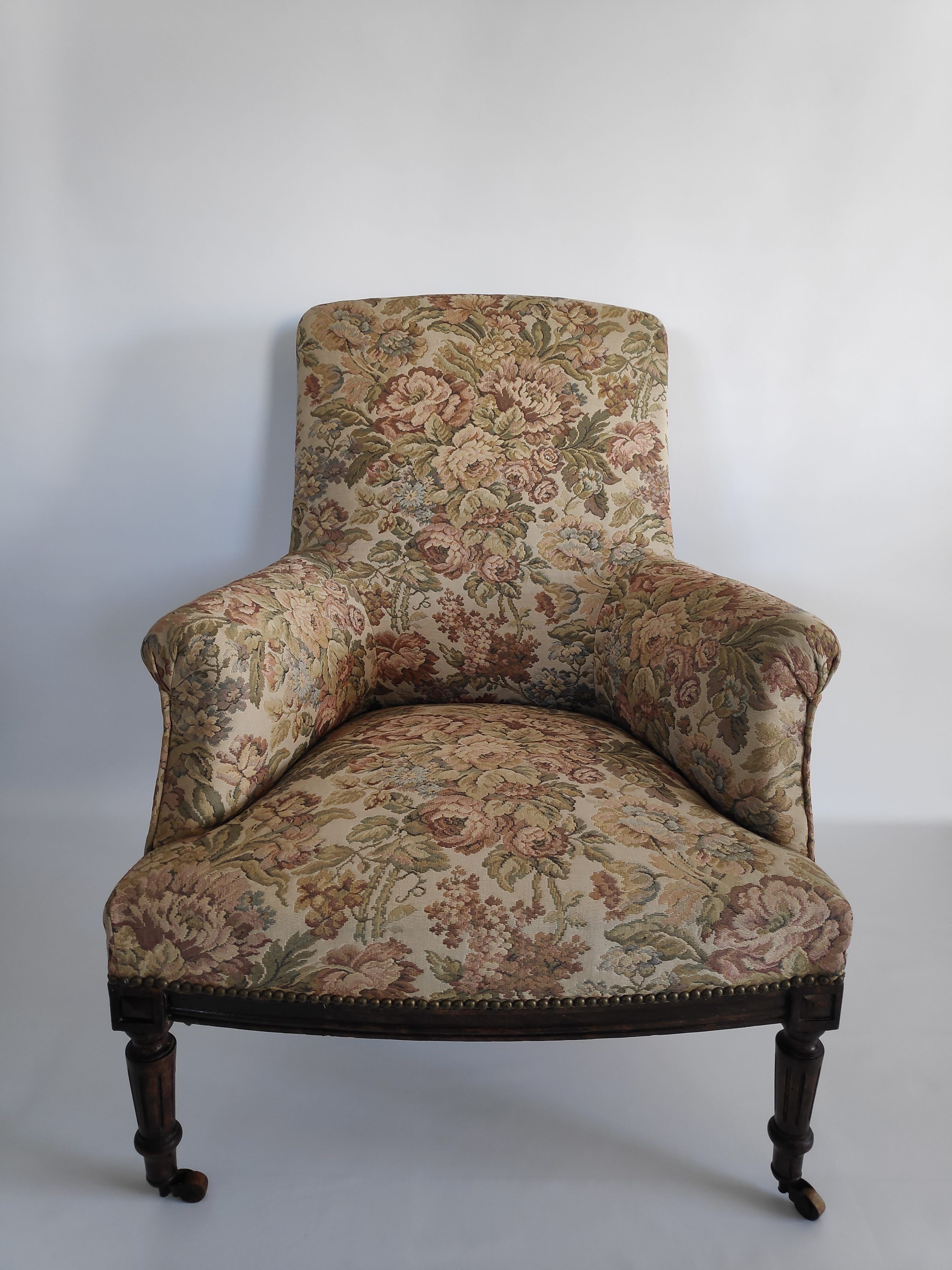 Napoleon III armchair in wood and floral patterned fabric