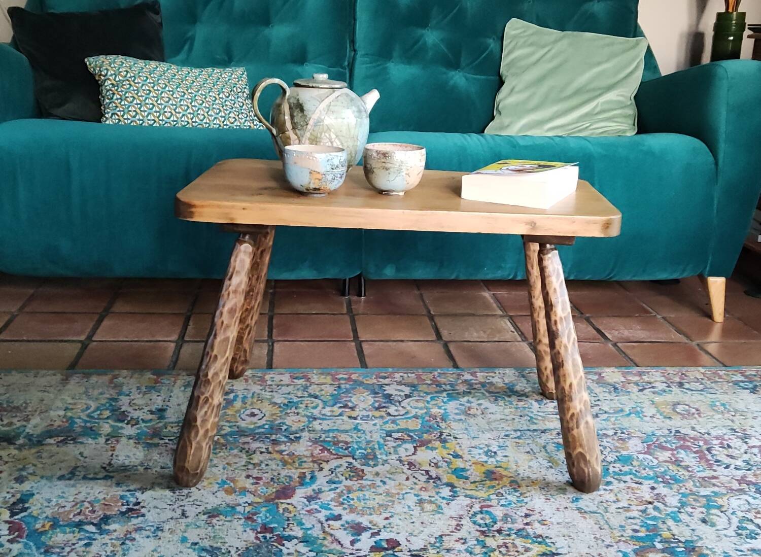 Brutalist solid wood coffee table 70 cm