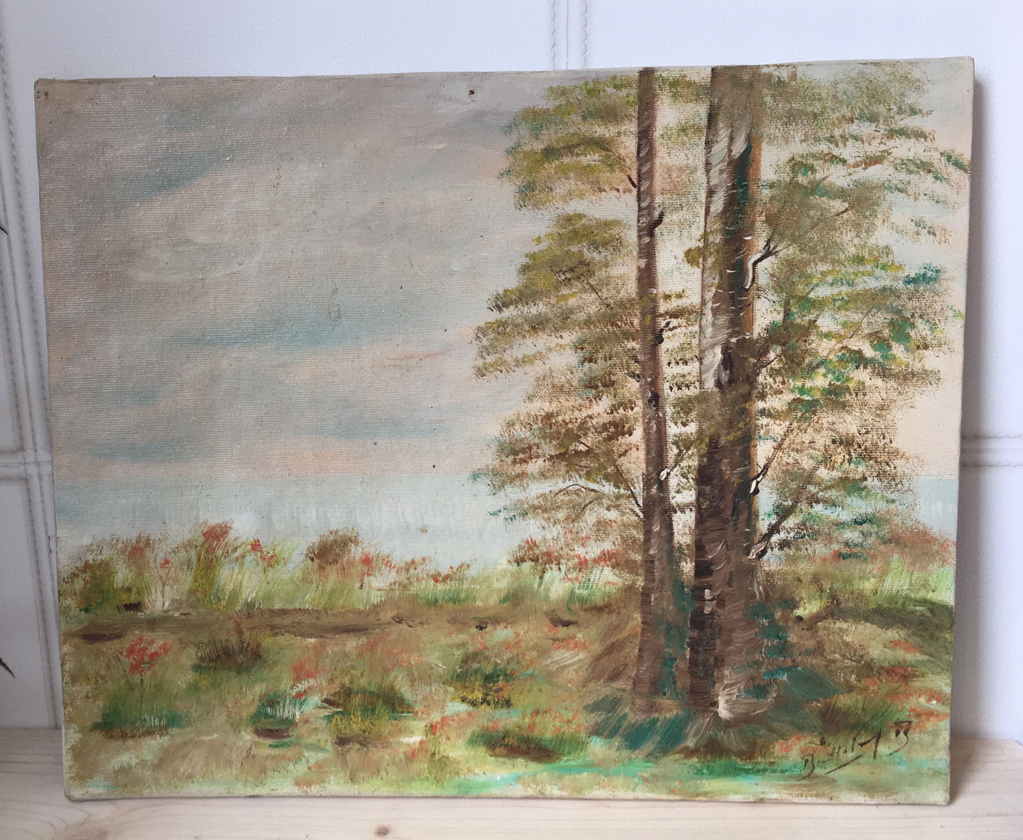 Prairie with 2 trees, oil on canvas