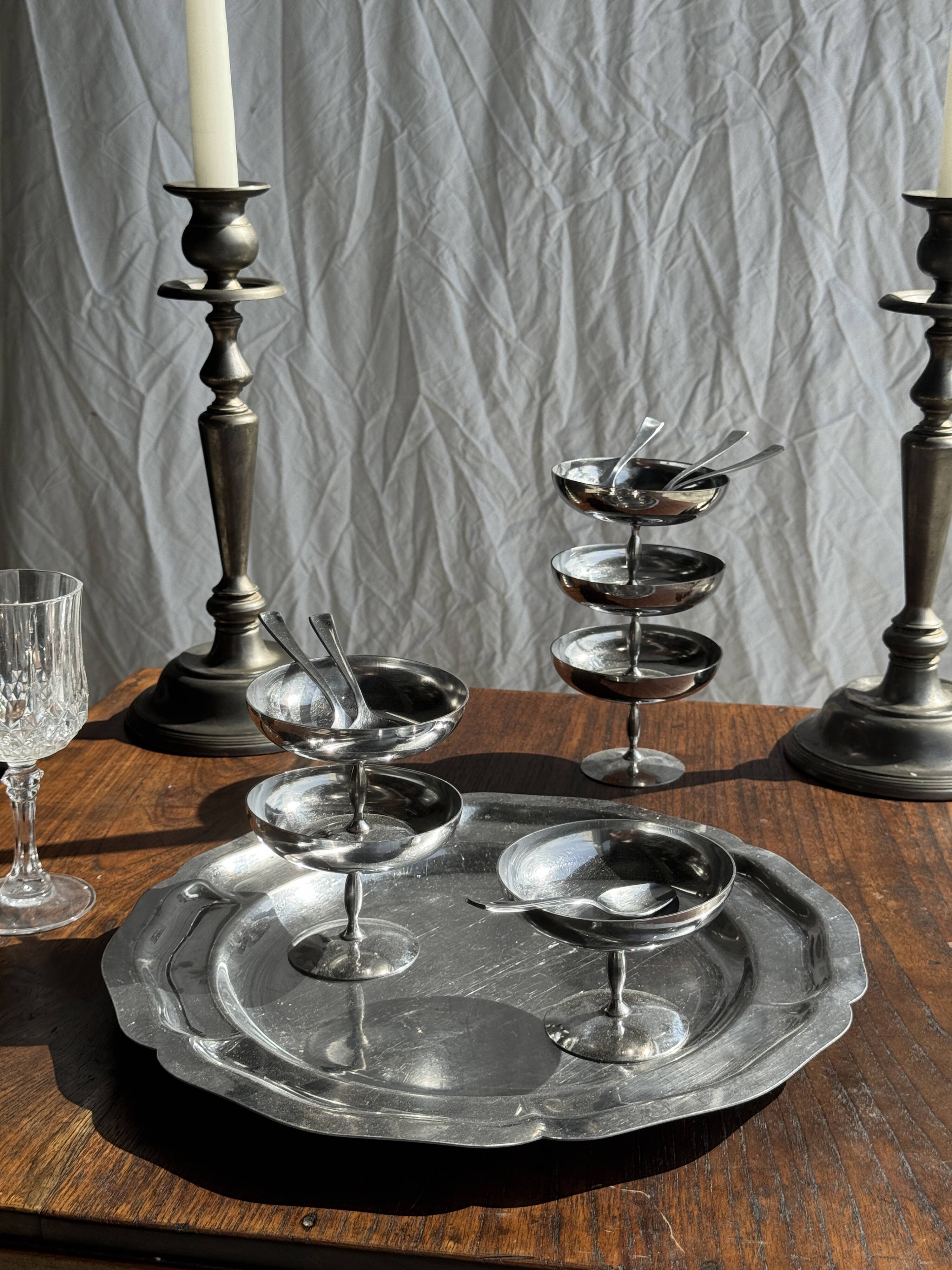 Two large antique silver-plated metal candlesticks, H30