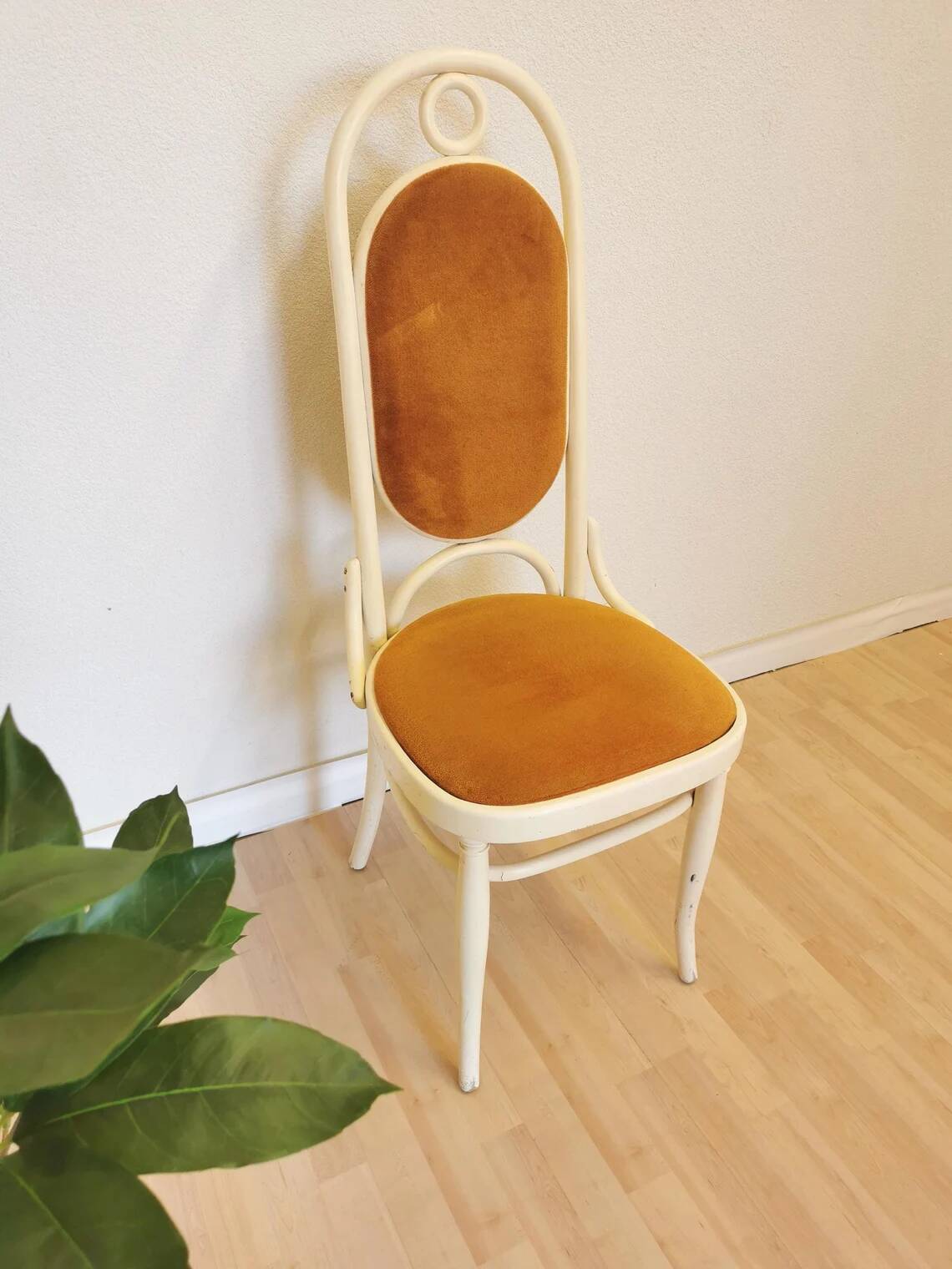 Vintage Thonet Bentwood Dining Chair: White Wood, Yellow Fabric, 1970s Yugo