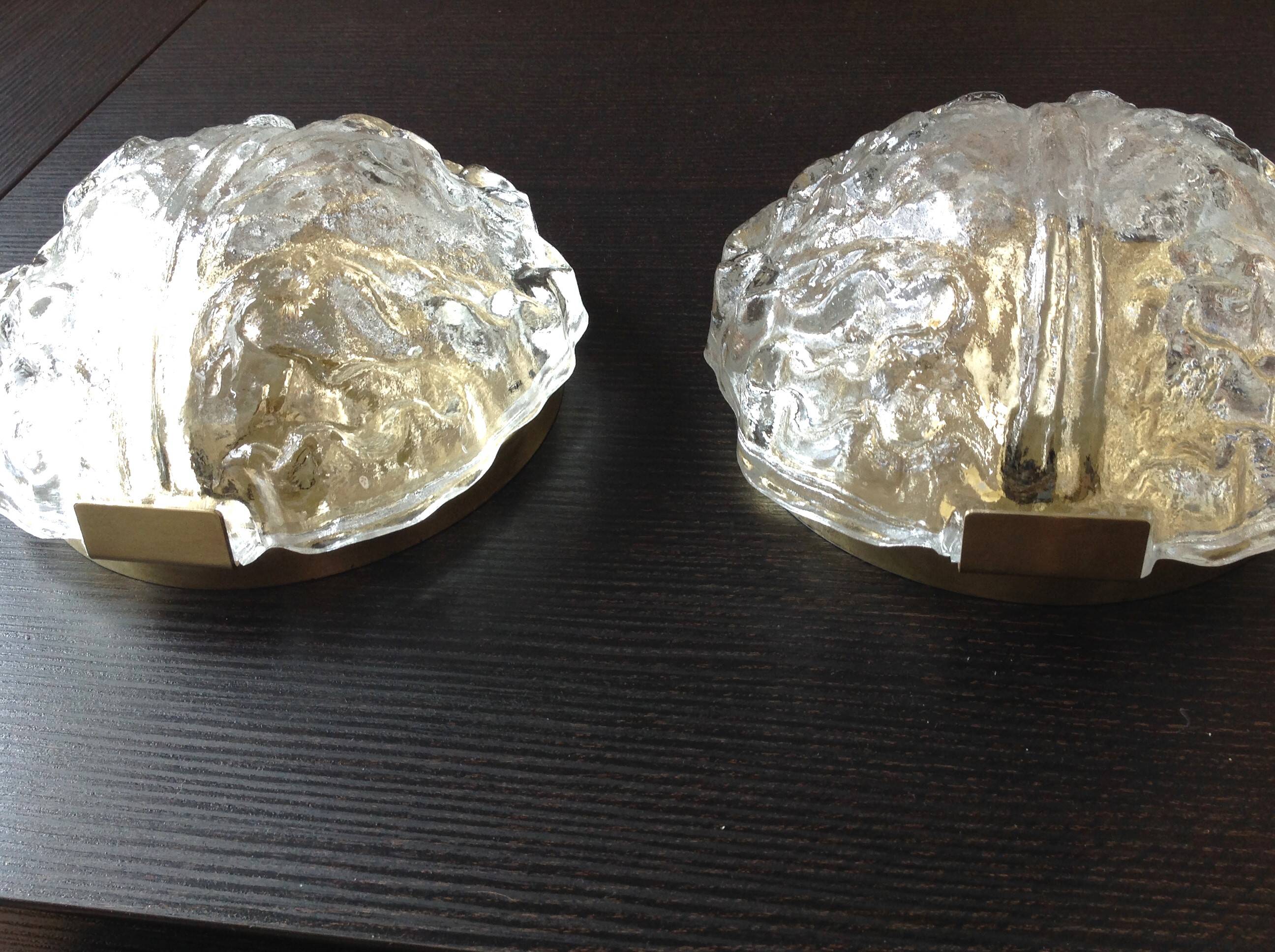 Pair of ice glass and brass wall lights by Limburg / vintage 60s-70s