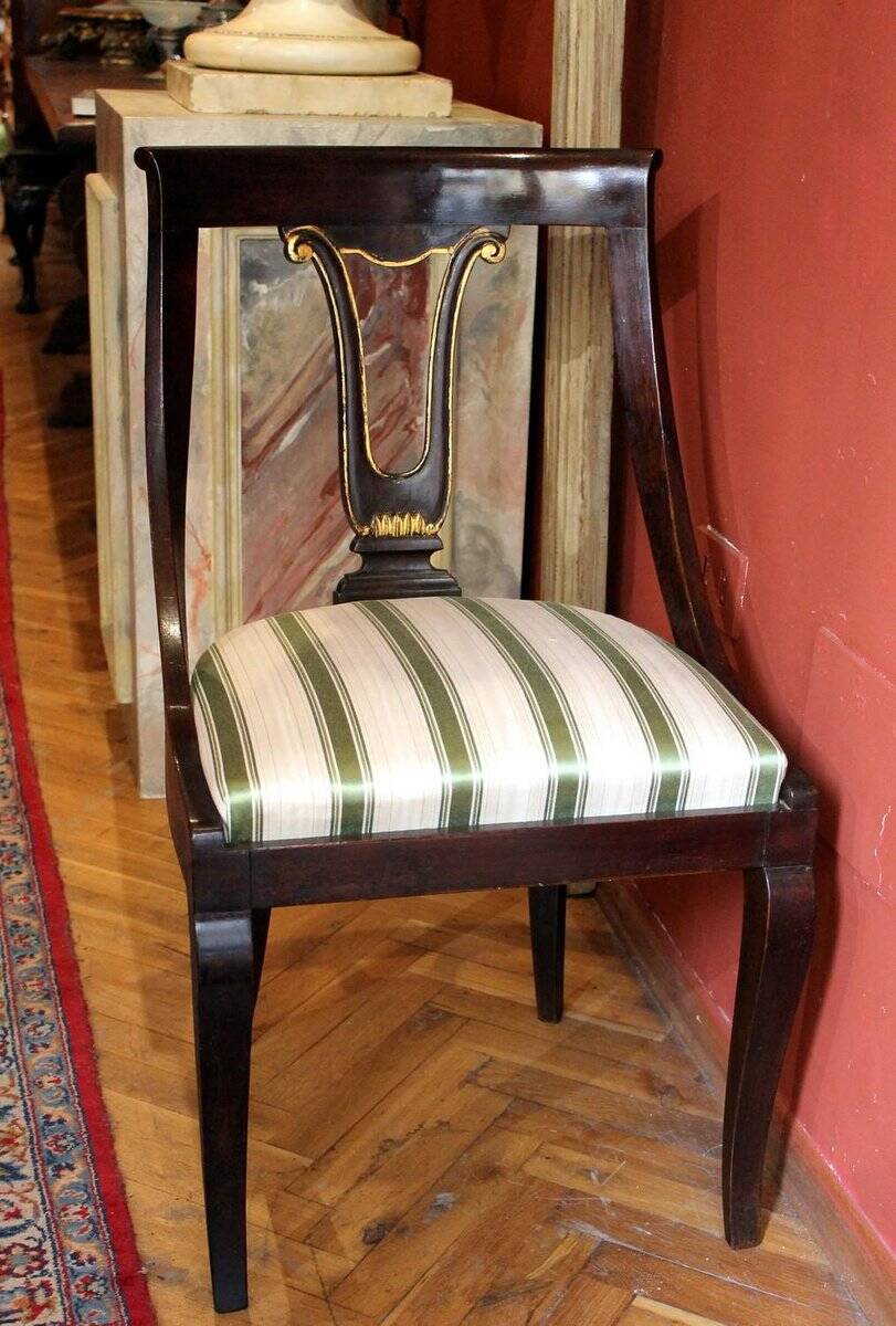 18th Century French Directoire Mahogany Chairs with Silk Blend Upholster Fabric, Set of 4