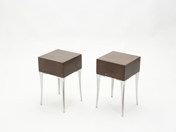 Paire de bouts de canapé chevets ebène acier 1970s