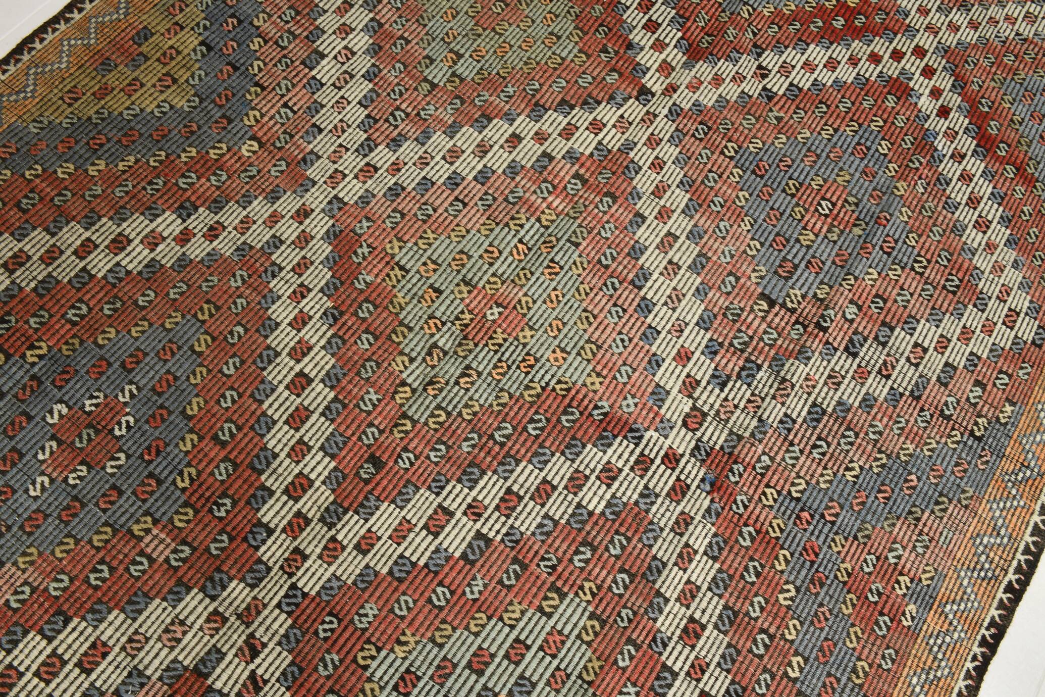 Burgundy & Green Turkish Vintage Kilim Rug