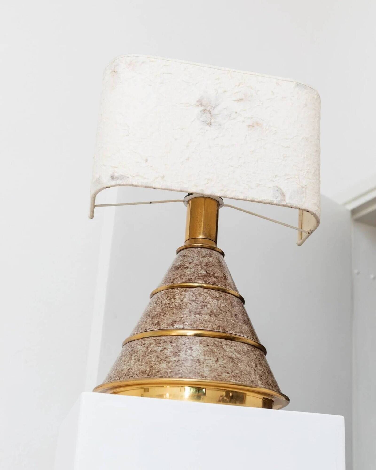 Brown ceramic mid-century table lamp with cream handmade paper floral shade and brass accents