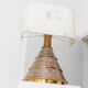 Brown ceramic mid-century table lamp with cream handmade paper floral shade and brass accents