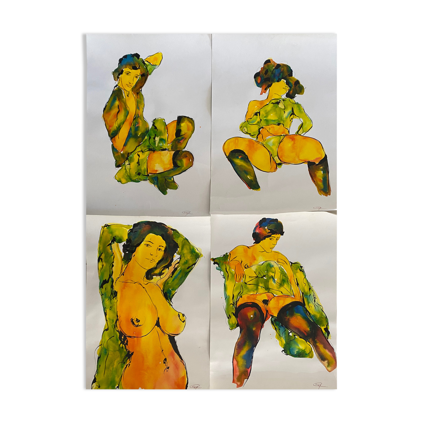 Paintings Set of 4 studies of nude of woman Ink dated 2012 signed Curiosa