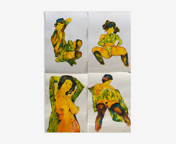 Tableaux Lot de 4 études de nue de femme Encre datés de 2012 signé Curiosa
