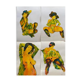 Paintings Set of 4 studies of nude of woman Ink dated 2012 signed Curiosa
