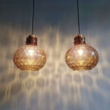 Pair of honeycomb smoked glass pendants, Glasshütte Limburg, 1970