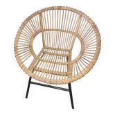 Fauteuil soleil en rotin et métal vintage années 70