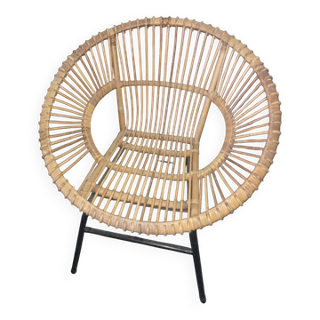 Fauteuil soleil en rotin et métal vintage années 70