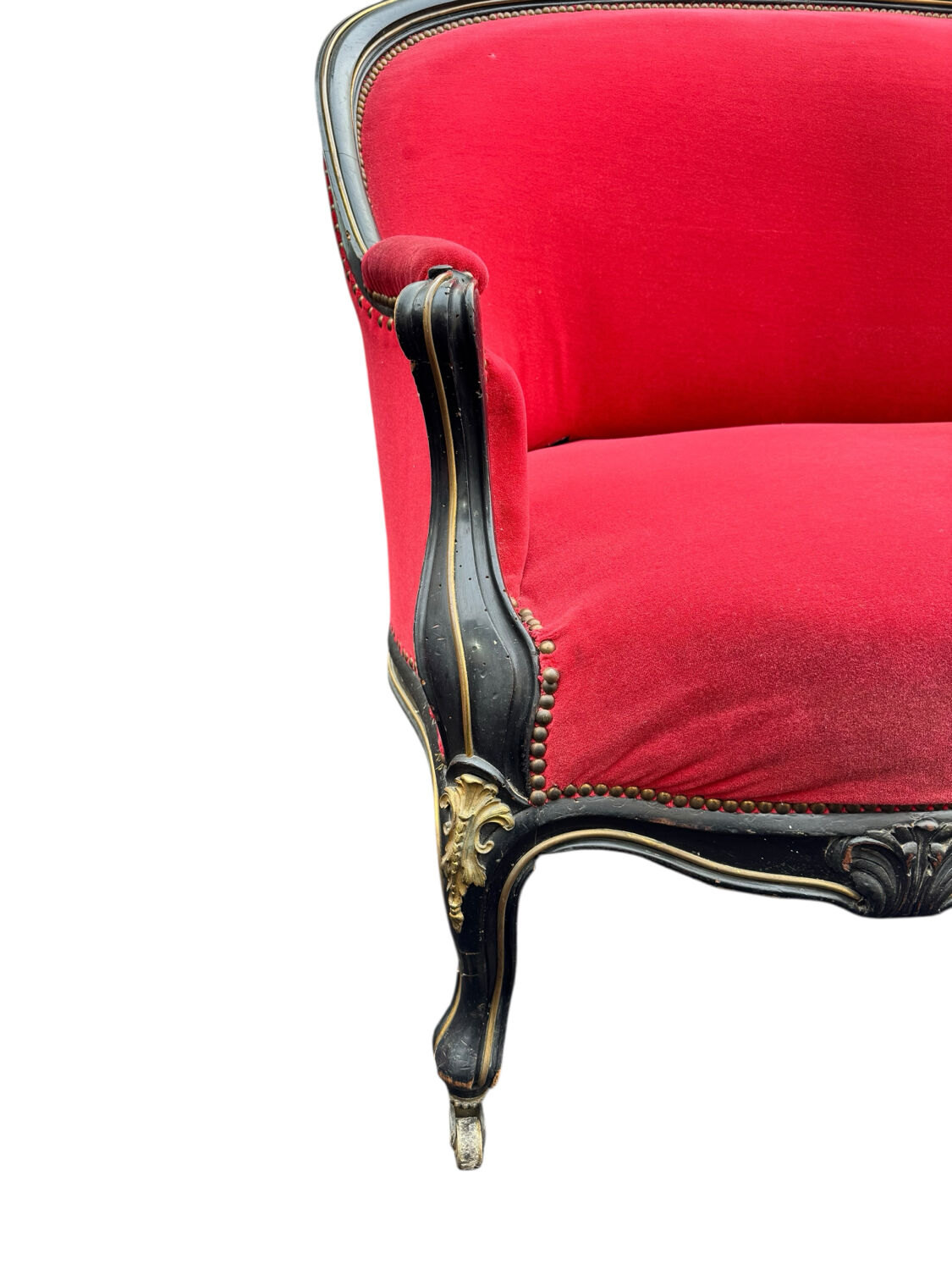 Napoleon III period bench – Blackened wood, brass and red velvet