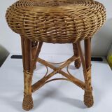 Round low stool rattan - vintage - old