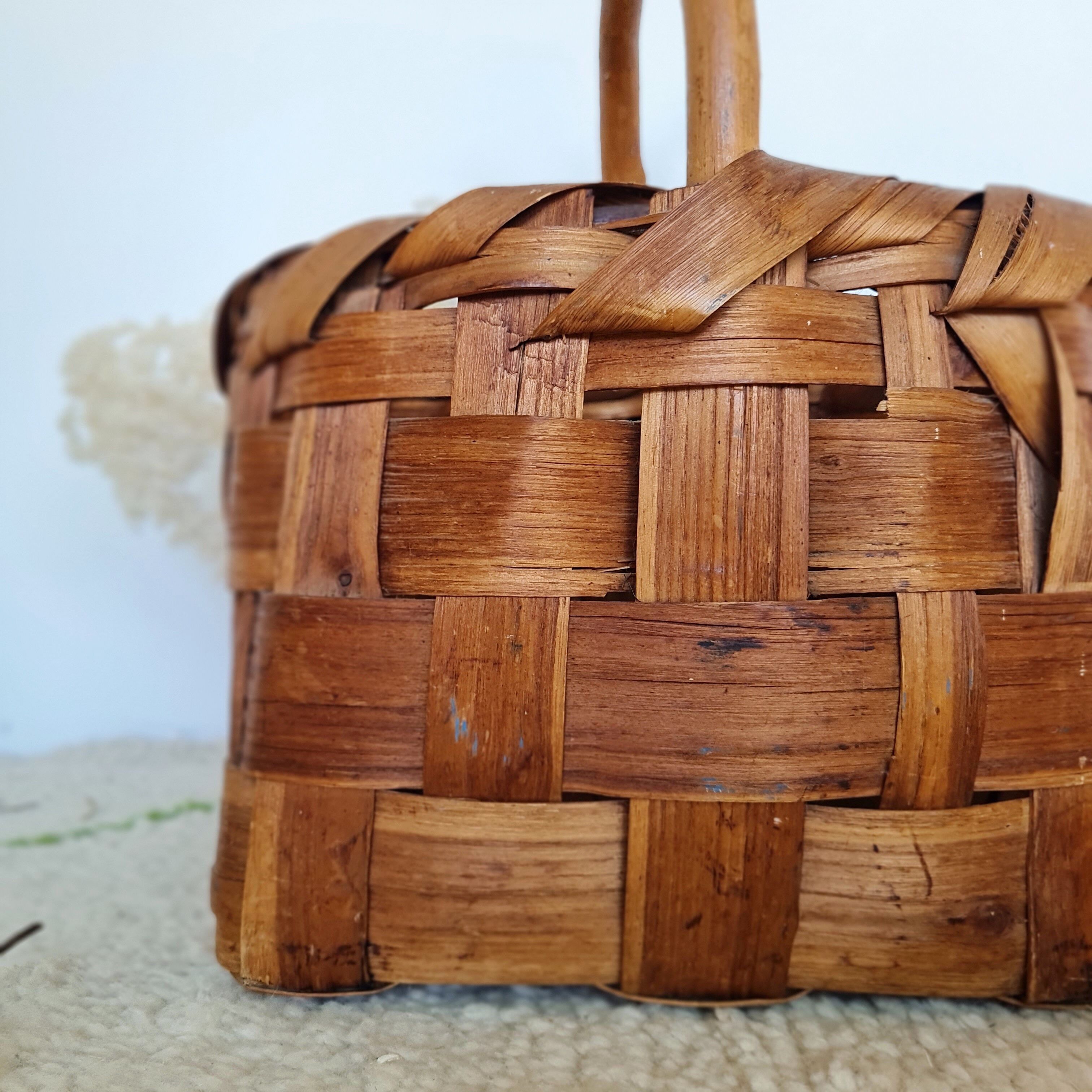 Old wood basket and natural fibers