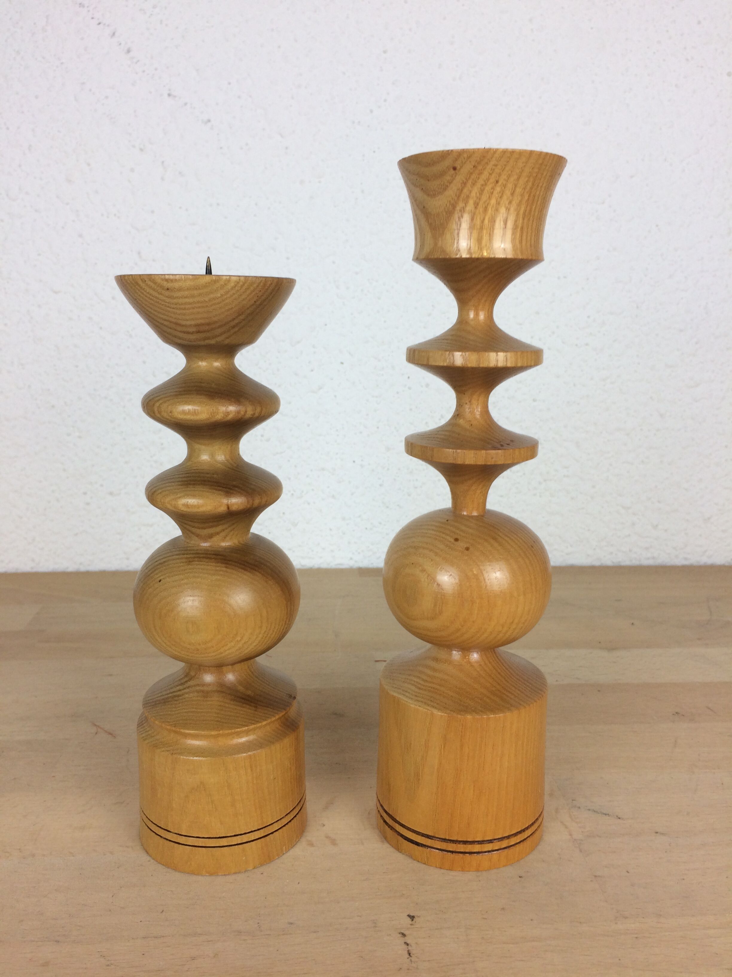 Pair of Scandinavian turned wooden candle holders