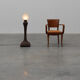 Art Nouveau floorlamp in hammered copper with frosted glass hood, Belgium