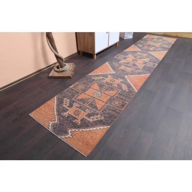 Vintage Turkish Hand-Knotted Wool Cotton Orange Runner Rug 80x394