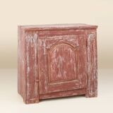 Rustic Parisian cabinet in pine wood with old burgundy paint layers, ca. 18