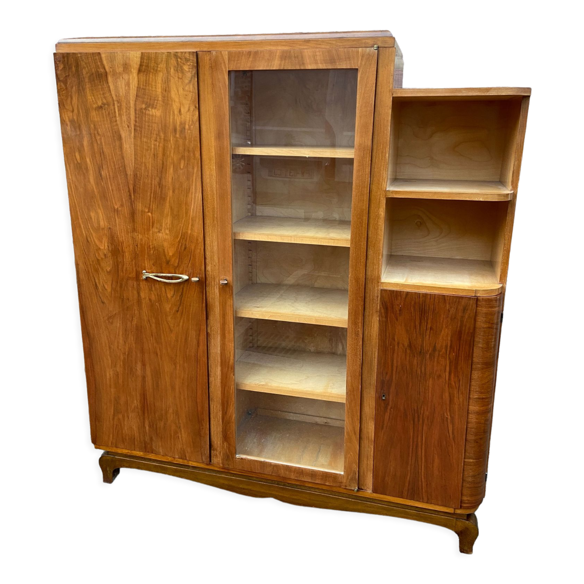 Showcase art-deco library mid-century vintage 1950 walnut ronce