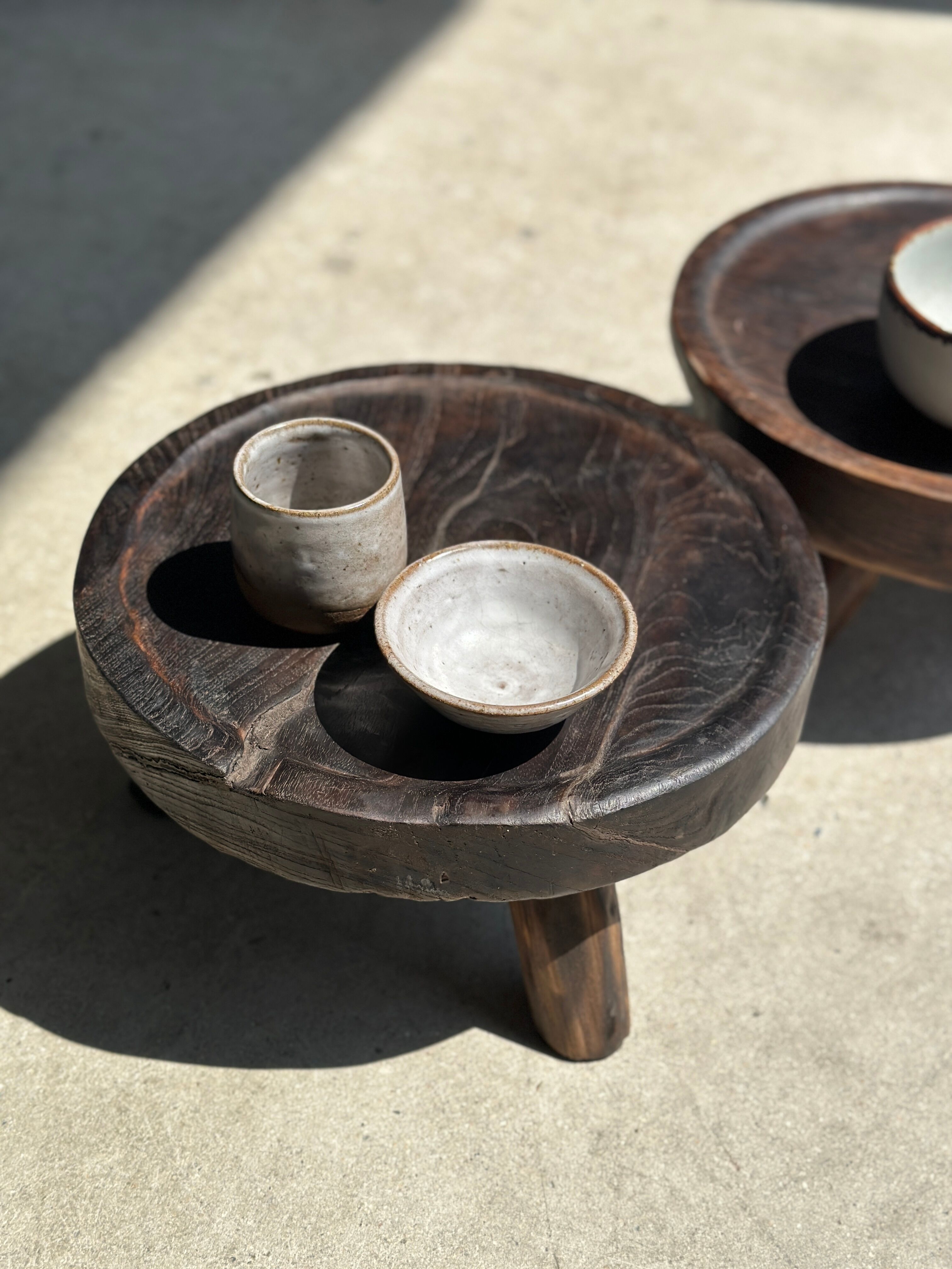 Small tripod stool low in dark brown upcycled teak