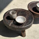 Small tripod stool low in dark brown upcycled teak