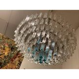 Contemporary transparent and ligh-blue triedro murano glass chandelier