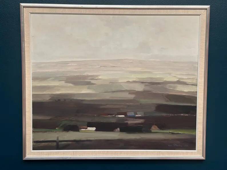 Oil on panel original Swedish - "House in a flat landscape" by Evert Färhm - Dated 1968 - vintage and framed - 81 × 68 cm (31.9" × 26.8")