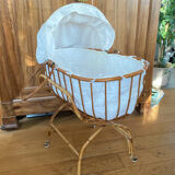 Bamboo, rattan, wicker cradle bassinet from the 1960s with a foldable support.