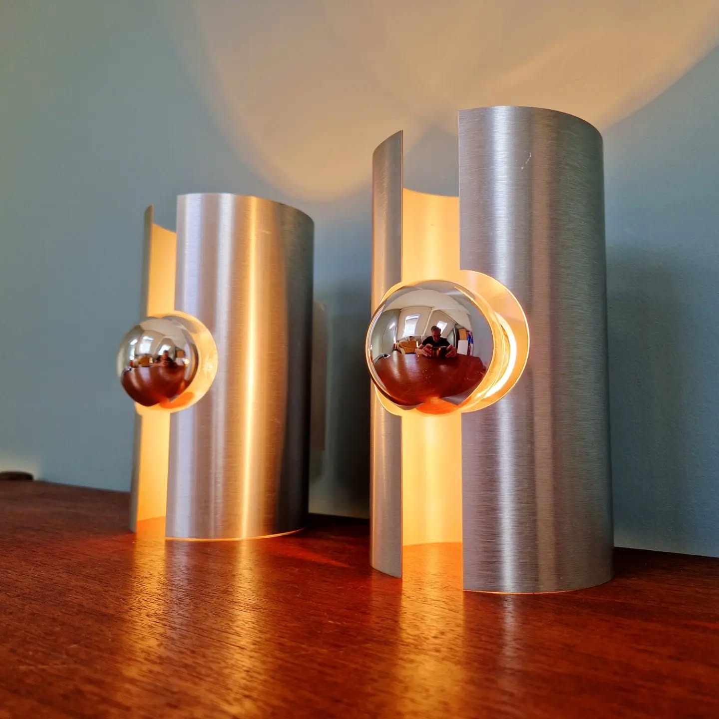 Pair of Space Age wall sconces in brushed aluminium, 1970.