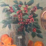 Painting still life orange duck bouquet oil on canvas signed
