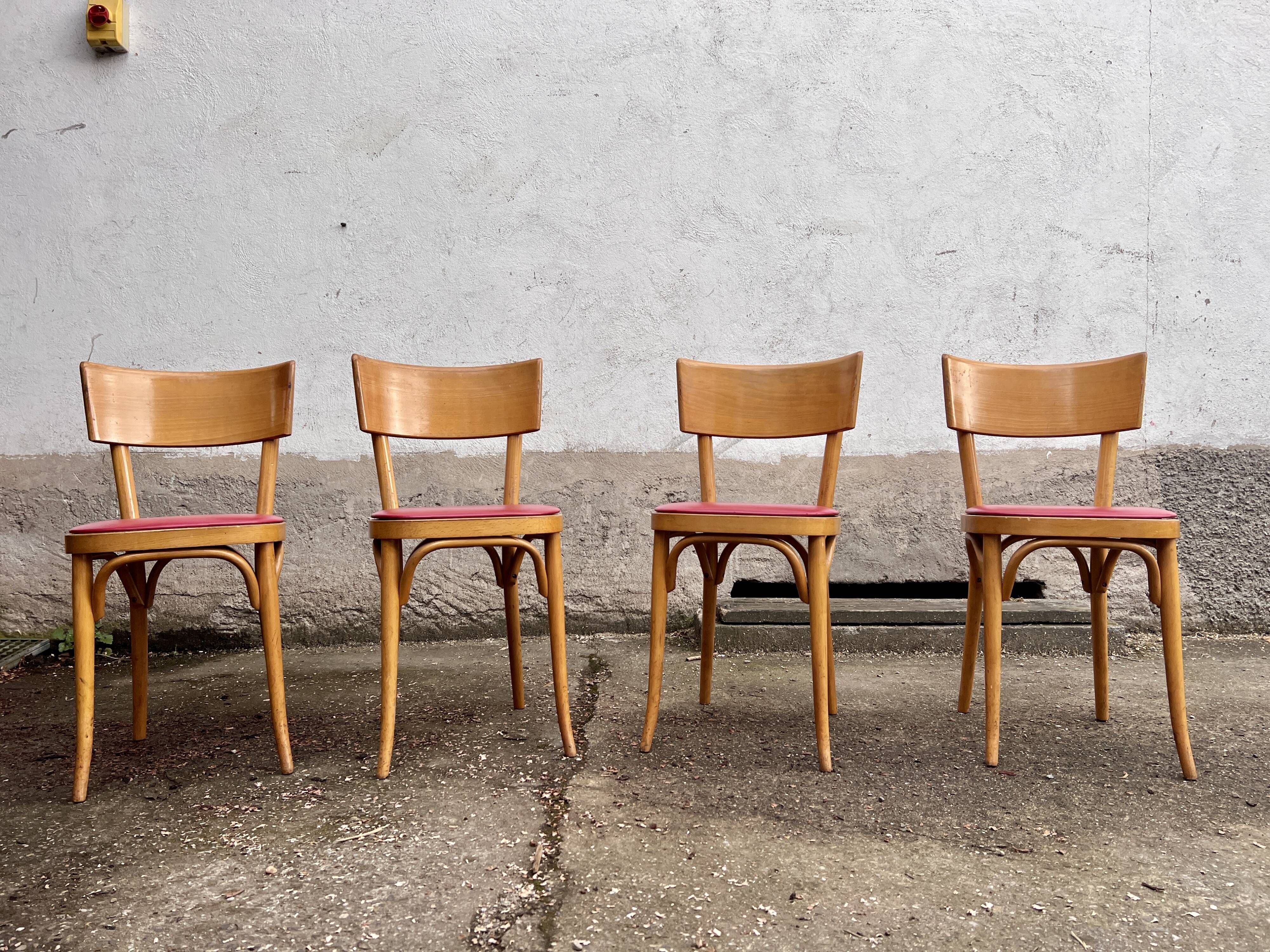 Lot of 4 baumann chairs bistrot parisian barter beech wood and red skaï