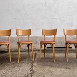 Lot of 4 baumann chairs bistrot parisian barter beech wood and red skaï