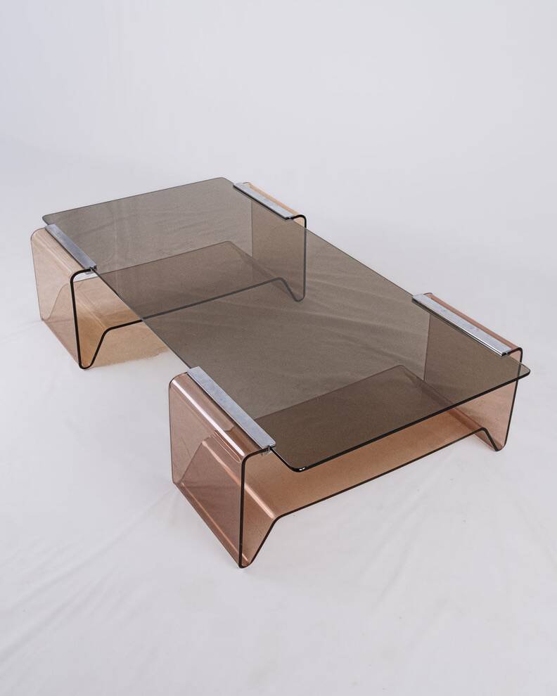 Table basse en plexi fumé et verre, Michel Dumas, France, 1970